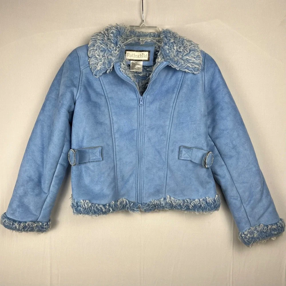 Rothschild Kids Blue Faux Suede Fur Trimmed Winter Jacket Rhinestones Girls 14Lg